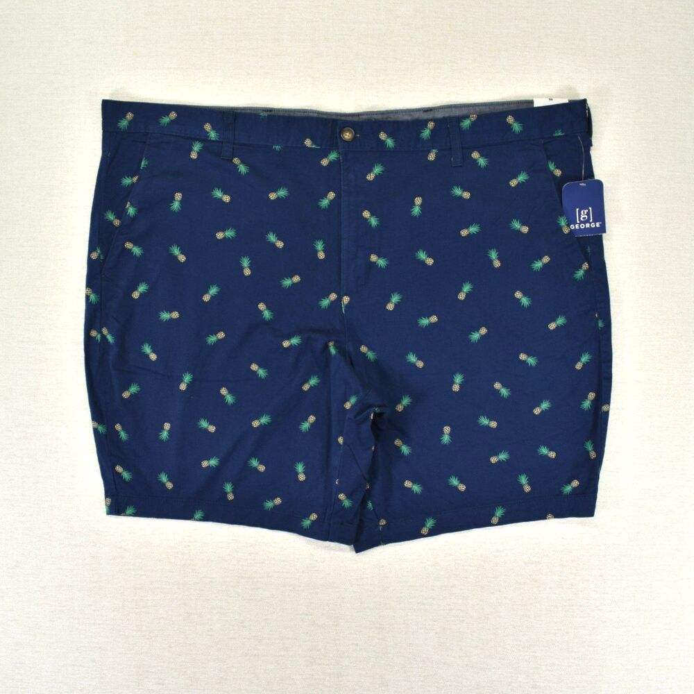 NWT George Mens Shorts 46 Blue Pineapple Chino Flat Front Golf Cotton Preppy